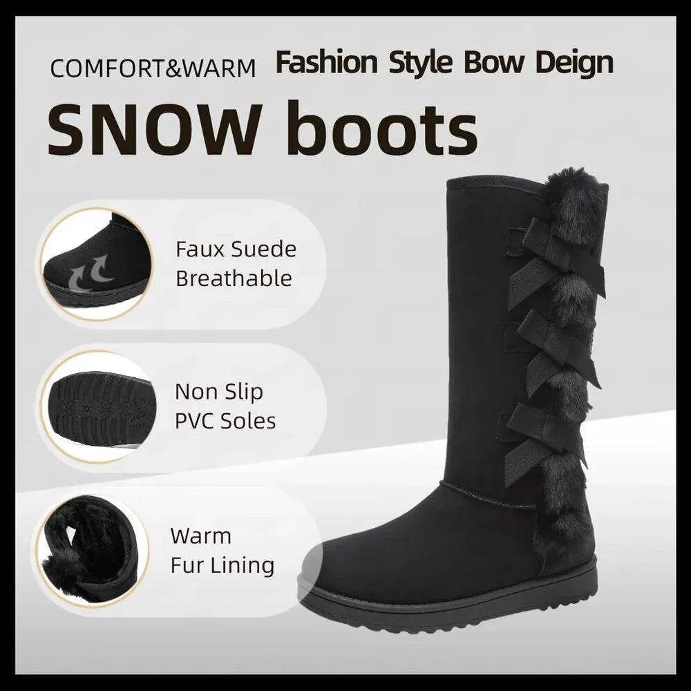Women's Warm Mid Calf Boots Fuzzy Ladies Booties Classic Bow Tie Black